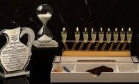 Additional picture of Lucite Menorah Tray with White Drawer Classic 2.0 Design Gold 11" x 17"
