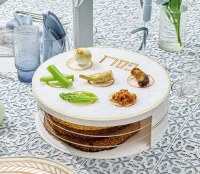 Additional picture of Lucite Round Seder Plate Kaarah 3 Tier Spinning Matzah Box Pearlstone Style Gold 13.75"