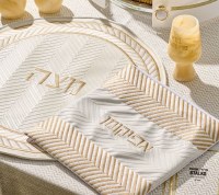 Additional picture of Pesach Set Faux Leather 4 Piece White and Gold Herringbone Design