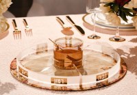 Additional picture of Lucite Round Swivel Simanim Tray with Honey Dish and Spoon Blush Nectar Design Gold 12"