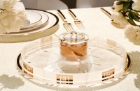 Additional picture of Lucite Round Swivel Simanim Tray with Honey Dish and Spoon Lucent Design Gold 12"