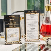 Additional picture of Lucite Shabbos Card 5 Piece Set Hebrew Onyx Design Black Ashkenaz
