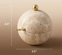 Additional picture of Travertine Round Honey Dish Gold Knob with Spoon Beige 3.5"