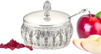 Additional picture of Silvertone Honey Dish with Glass Insert and Metal Spoon Traditional Design