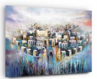 Additional picture of Lucite Modern Jewish Art Wall Hanging Jerusalem in Heart Print Blue and Purple 32" x 21"