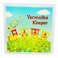 Additional picture of Personalized Lucite Yarmulka Keeper Box Tile Cover Alef Bais Train Design 6.25"