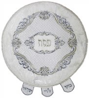 Additional picture of Pesach 4 Piece Seder Set with Plastic Brocade White and Silver Swirl Design Accentuated with Stones
