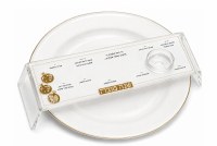 Additional picture of Lucite Raised Simanim Tray Pomegranate Design Hebrew Ashkenaz Gold 4 Pack 11" x 4"