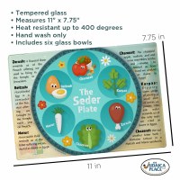 Additional picture of Tempered Glass Seder Plate Illustrated Includes 6 Glass Bowls Customizable 15" x 11"