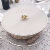 Additional picture of Lucite Matzah Box with Leatherette Cover Knot Handle Accent Gold 13.75"