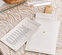 Additional picture of Leather Simanim Card Holder Includes Set of 4 White Simanim Cards Hebrew Gold 5" x 8"