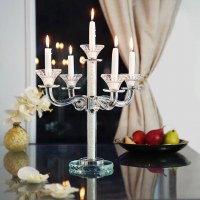 Additional picture of Crystal Candelabra 5 Branch Classic Style Designed with Clear Crystals in Stem Round 2 Tier Base 14"