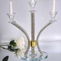 Additional picture of Crystal Candelabra 3 Branch Silver and Gold Stones in Stems Round Base 14"