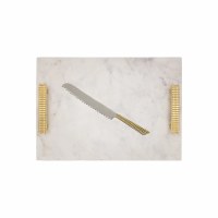 Additional picture of Marble Challah Board Gold Colored Beaded Handles with Matching Serrated Blade Knife 11" x 16"