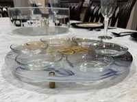 Additional picture of Glass Seder Plate Raised on Legs Gold Silver Marble Design 13"