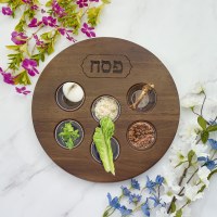 Additional picture of Acacia Wood Seder Plate Etched Design 12"