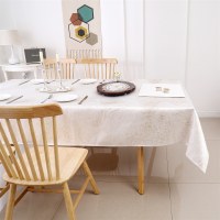 Additional picture of Jacquard Tablecloth White and Gold Circle Swirl Pattern 70" x 144"