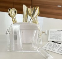 Additional picture of Lucite Cutlery Bencher Caddy Includes Set of 6 Lucite Birchas Hamazon Cards Hebrew White Gold Ashkenaz