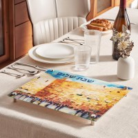 Additional picture of Tempered Glass Challah Board Raised Legs Kotel Design 15" x 12"