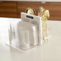 Additional picture of Lucite Cutlery Bencher Caddy Includes Set of 6 Lucite Birchas Hamazon Cards Hebrew White Gold Ashkenaz