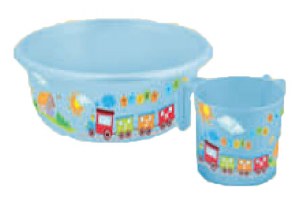 Childrens' Wash Cup Set Blue Plastic Designed with Multicolor Train