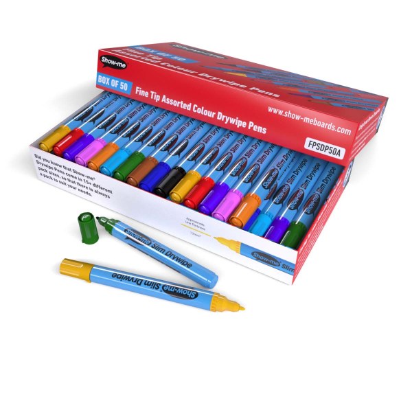 Show-me Slim Barrel Dywipe Pens -  Assorted (10 Colours) Fine Tip Box of 50