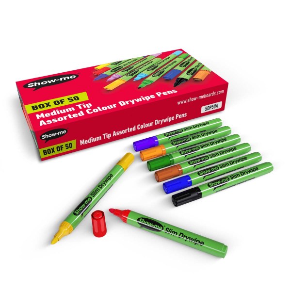 Show-Me Slim Barrel Dywipe Pens - Assorted (10 Colours), Medium Tip Box of 50