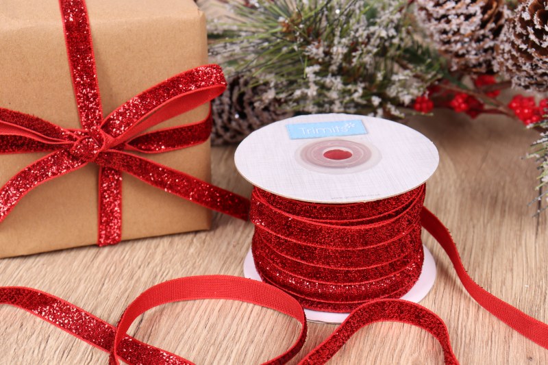 Ribbon 10mm Red Glitter Velvet