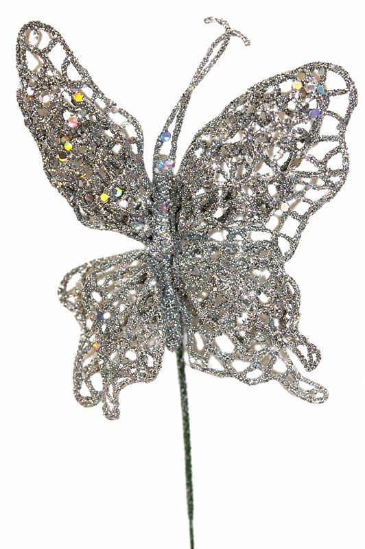 Silver glitter decorative butterfly, 10cm