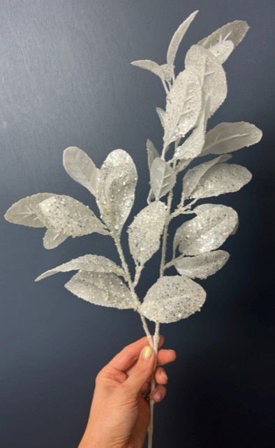Picture of Faux Leaf Stem White Glitter 65cm
