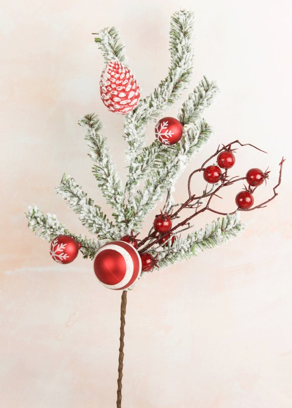 Faux Snowy Pine Stem White/ Red 50cm