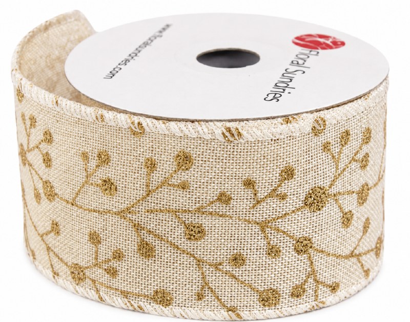 Cream hessian ribbon with gold glitter 2.5" x 10yards