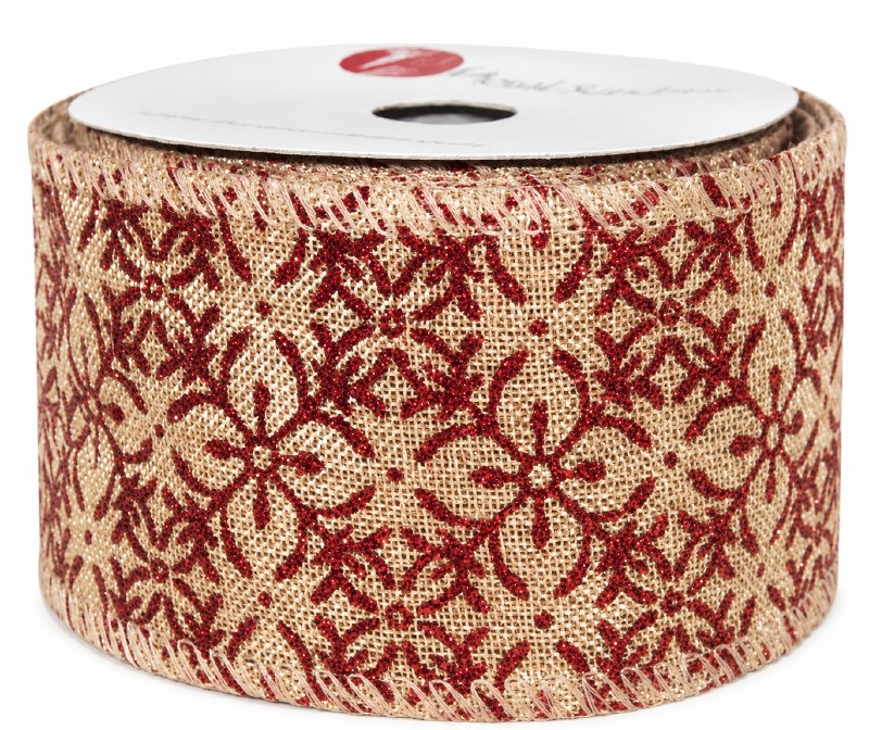 Hessian wired edge ribbon with red glitter pattern 2.5" x 10yards