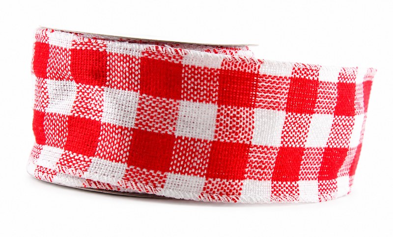 Red check wired edge hessian ribbon 2.5" x 10yards