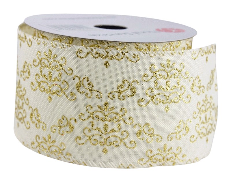 Picture of Christmas Ribbon Wired Edge Cream/ Gold 2.5" x 10 Yards