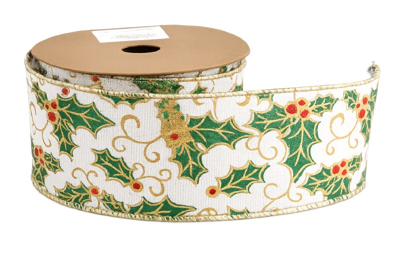 Ribbon Wired Edge Christmas Holly 6.3cm x 10 Yards