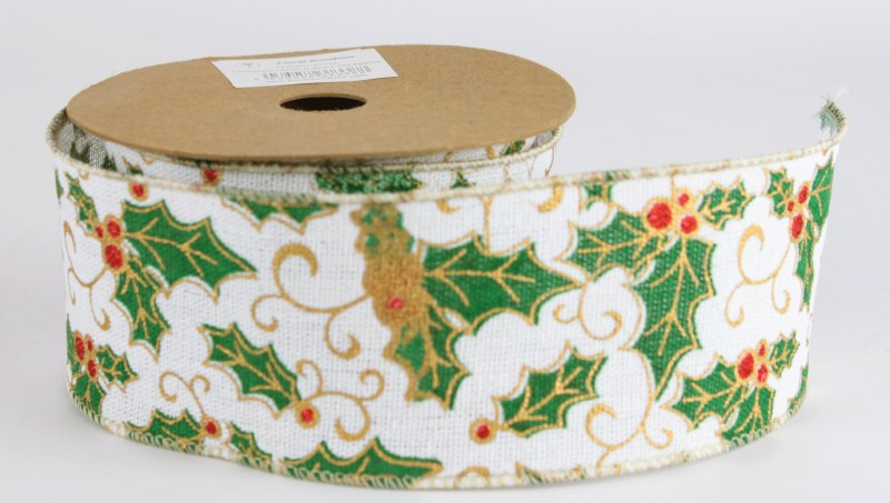 Picture of Ribbon Wired Edge Christmas Holly 6.3cm x 10 Yards