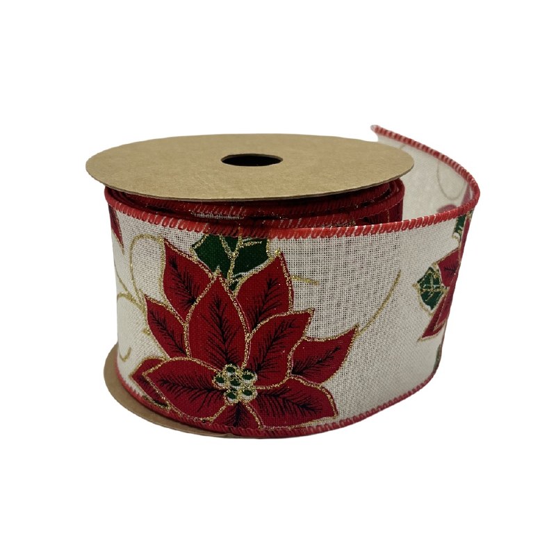 Picture of Christmas Ribbon Poinsettia Wired Edge 6.3cm x 10 Yards