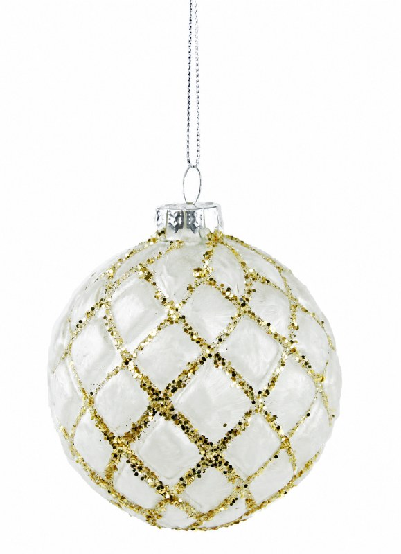 Glass Bauble Glitter/ White 8cm x 6