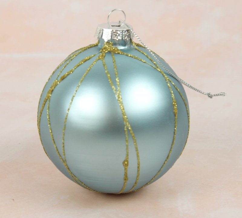 Glass Bauble Blue Gold Stripe x 6- 8cm