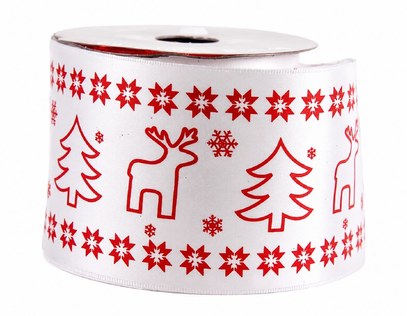 Red reindeer satin white ribbon 6cm x 10yards