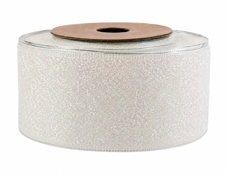 Glitter Ribbon White Wired Edge 5cm x 10Y