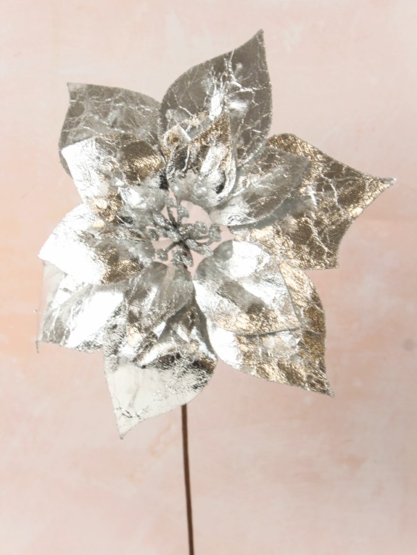 Metallic Poinsettia Pick Silver 19cm