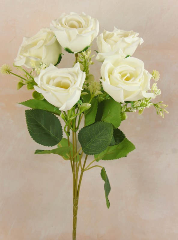Artificial Rose Bunch x 5 Ivory