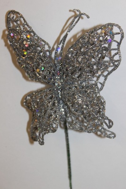 Silver glitter decorative butterfly, 10cm