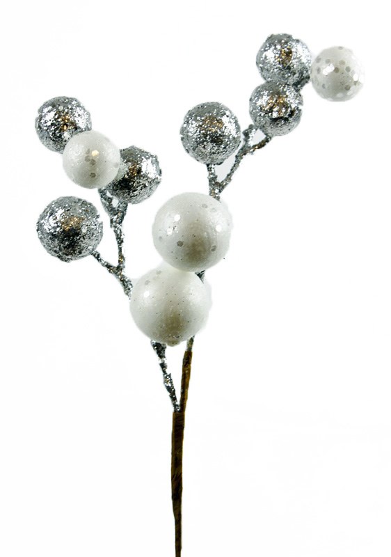 Bauble Christmas Stem White/Silver 36cm