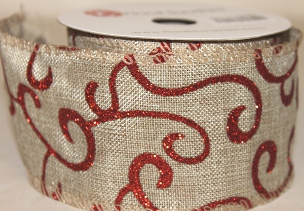 Natural hessian wired edge ribbon with red swirl 2.5"x10yards
