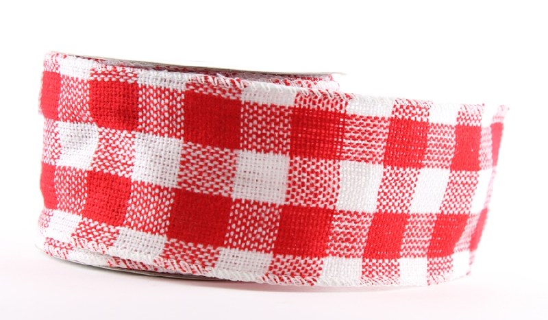 Red check wired edge hessian ribbon 2.5" x 10yards