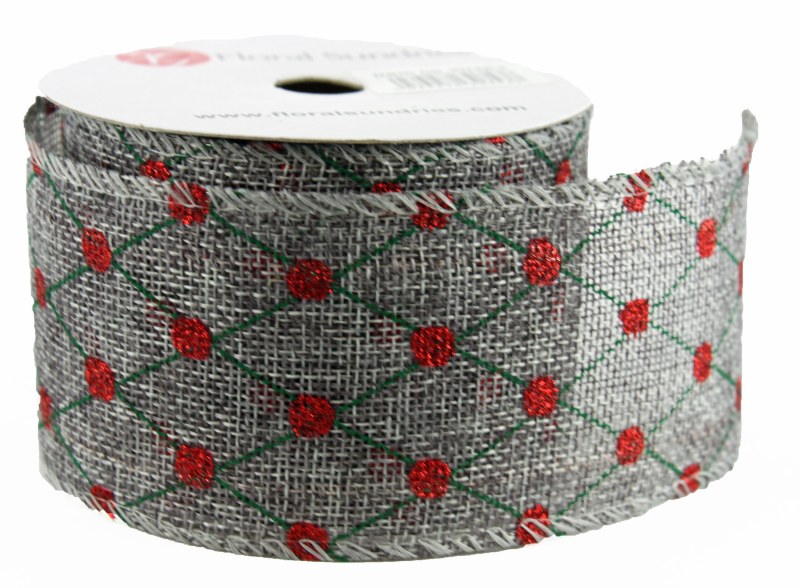 Christmas Ribbon Wired Edge 2.5" x 10 Yards Grey/ Red/ Green
