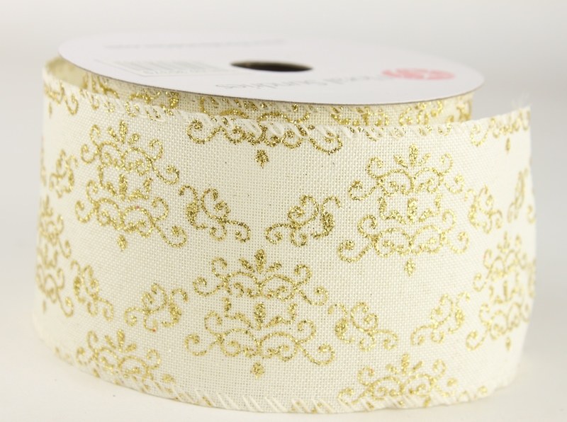 Picture of Christmas Ribbon Wired Edge Cream/ Gold 2.5" x 10 Yards